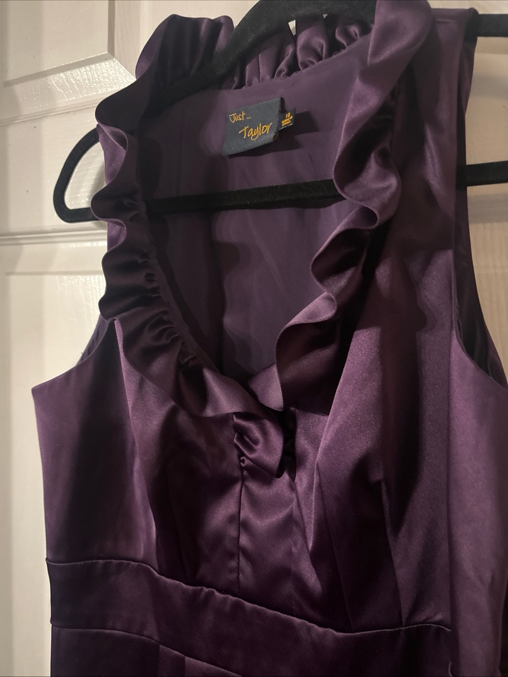 Just...Taylor Deep Purple Satin Ruffle Neck Dress